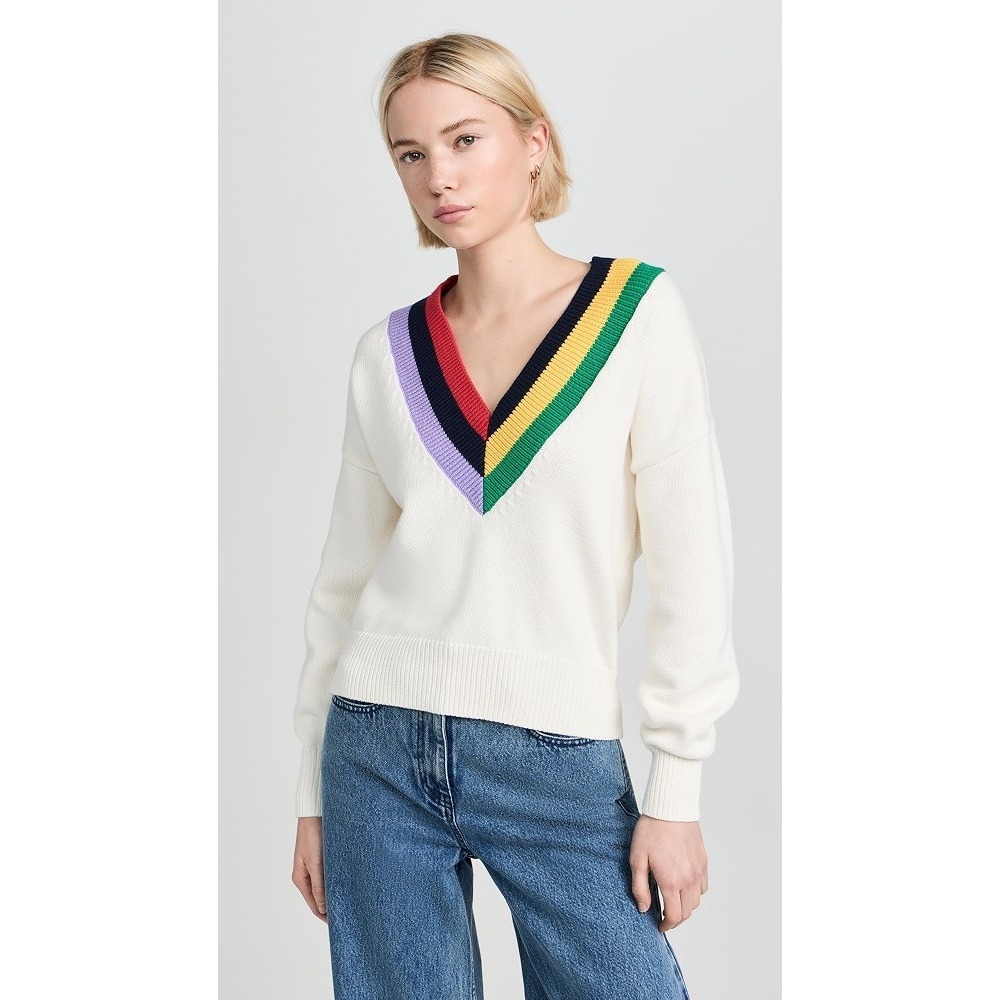 CLARE V. Varsity Sweater Women Large Cream Multi Color V-Neck Cotton Preppy